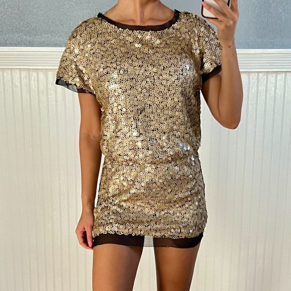 Aidan Mattox Gold Sequins Black Mesh Sequin Short Sleeve Mini Dress 0